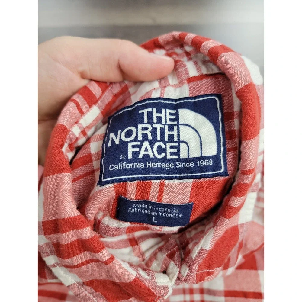 The North Face Linen Blend Button Down Shirt Large Red Plaid Collared Camp Mens